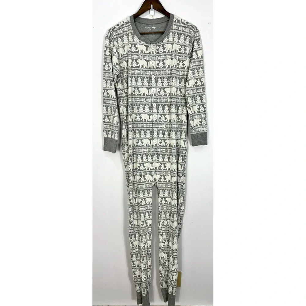 Hatley X Indigo One Piece Pajamas Womens Large Gray‎ Polar Bear Nordic Trap Door